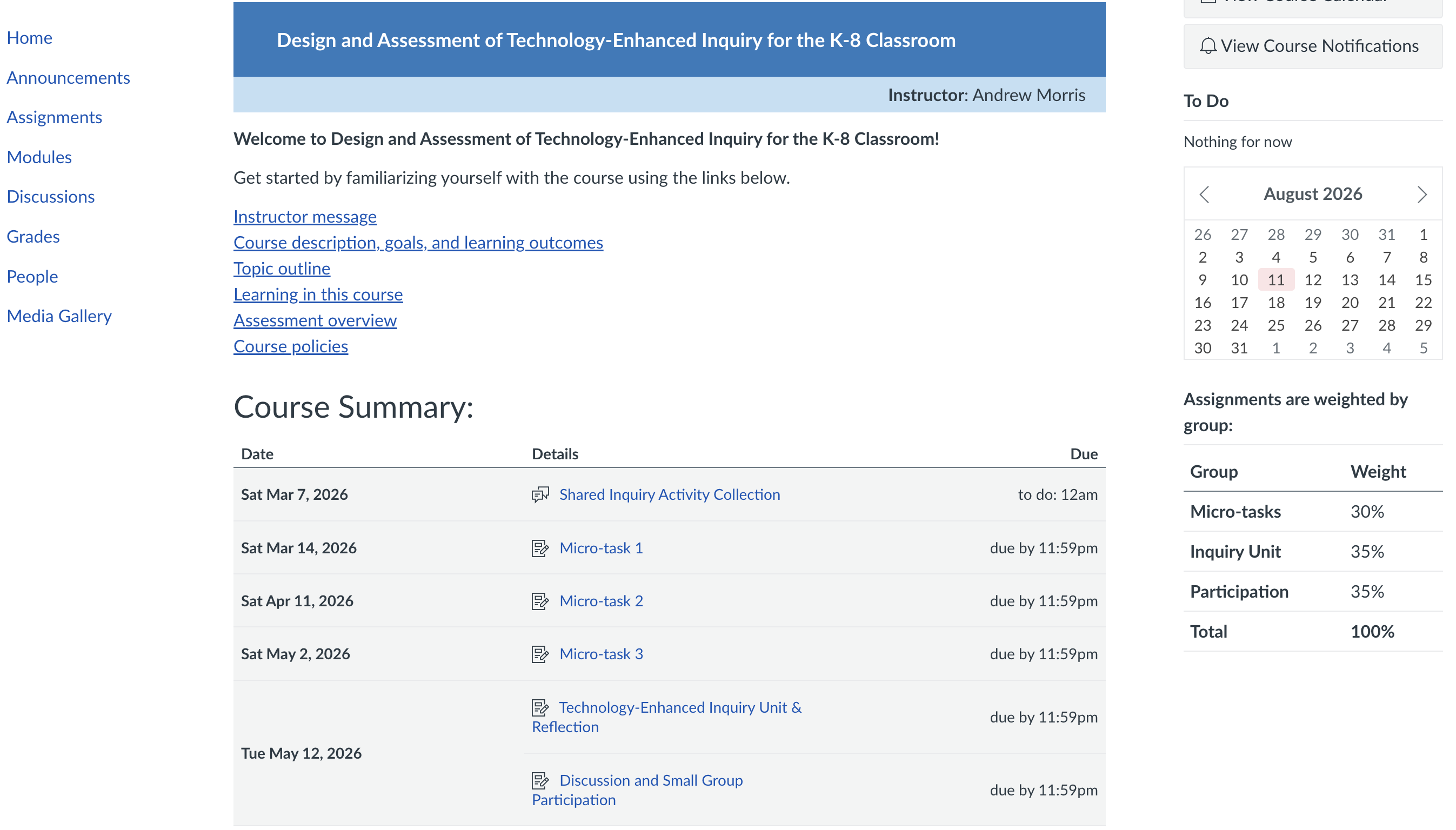 Canvas course home and course summary